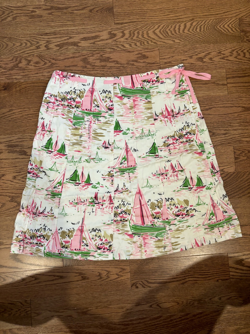 Vintage J. Crew Pink & Green Sailboat Print Wrap Skirt